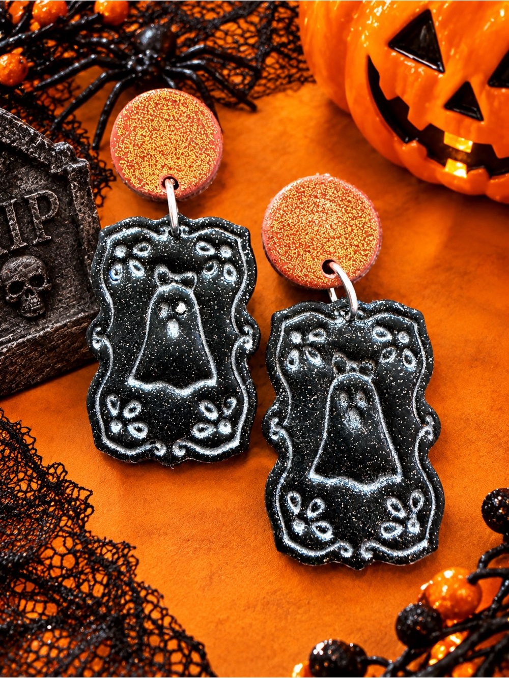 Handmade Polymer Clay Halloween Black Ghost Plaque Dangle Earrings